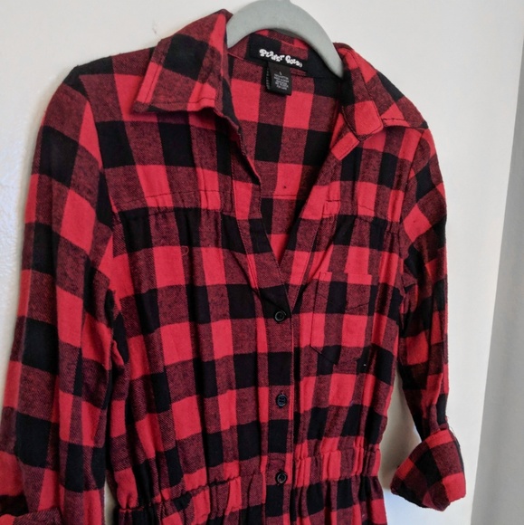 Red Plaid Flannel Shirt Dress - Picture 2 of 3